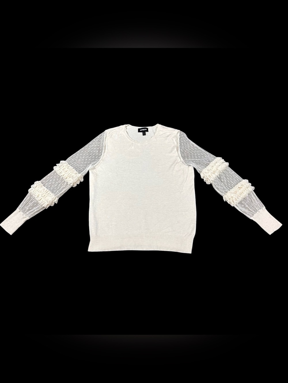 Express Womens Small Cream Sweater Sheer Swiss Dot Ruffle Sleeve Pullover